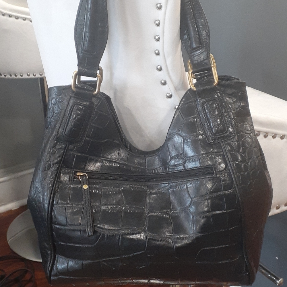 Michael Rome  black leather croc embossed tote shoulder bag